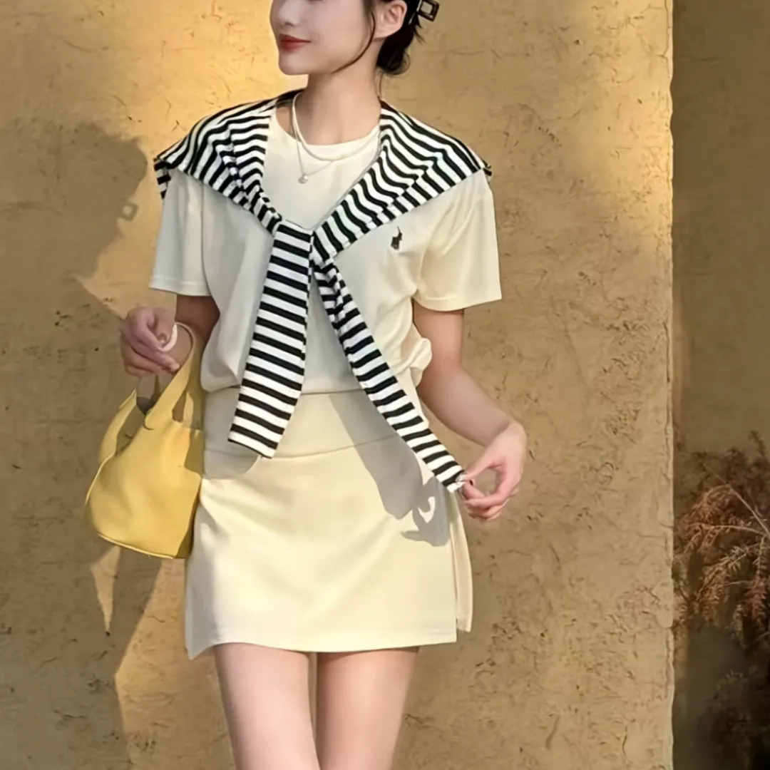 『M-L』韓国風 合わせやすい ゆるっと感 ストール付きストライプTシャツ スカートパンツ 3点セット