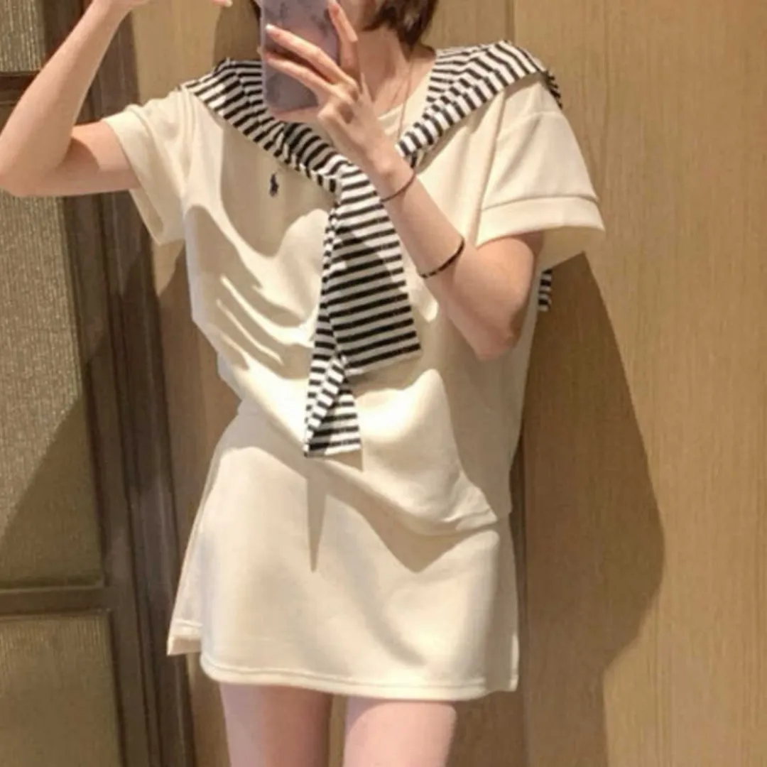 『M-L』韓国風 合わせやすい ゆるっと感 ストール付きストライプTシャツ スカートパンツ 3点セット