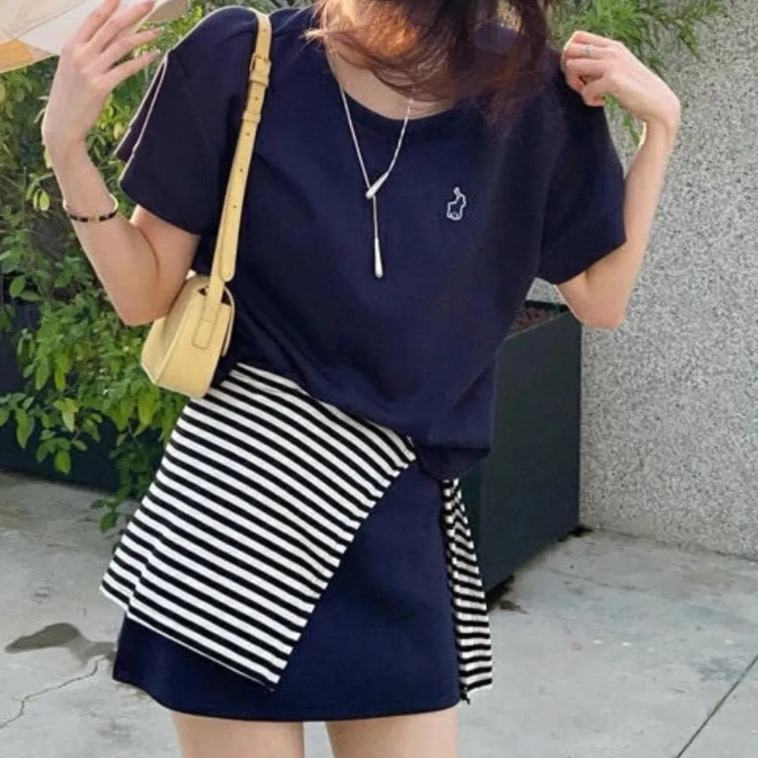 『M-L』韓国風 合わせやすい ゆるっと感 ストール付きストライプTシャツ スカートパンツ 3点セット