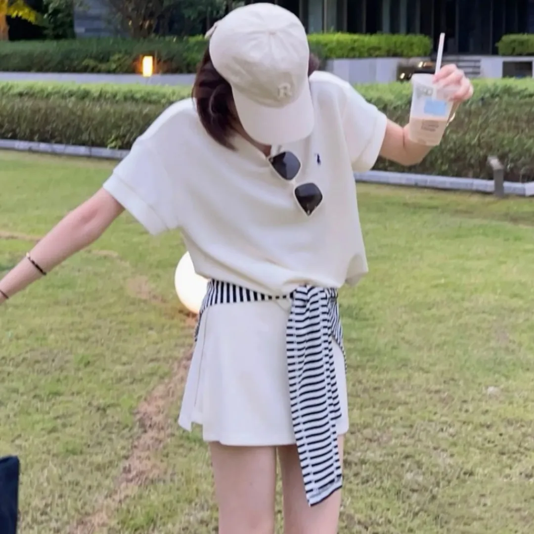 『M-L』韓国風 合わせやすい ゆるっと感 ストール付きストライプTシャツ スカートパンツ 3点セット