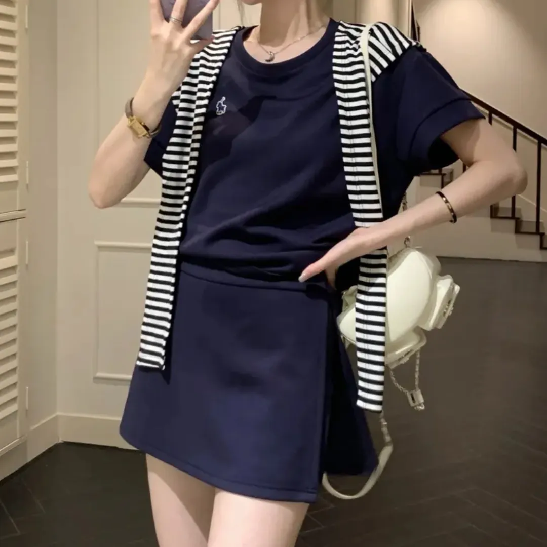 『M-L』韓国風 合わせやすい ゆるっと感 ストール付きストライプTシャツ スカートパンツ 3点セット