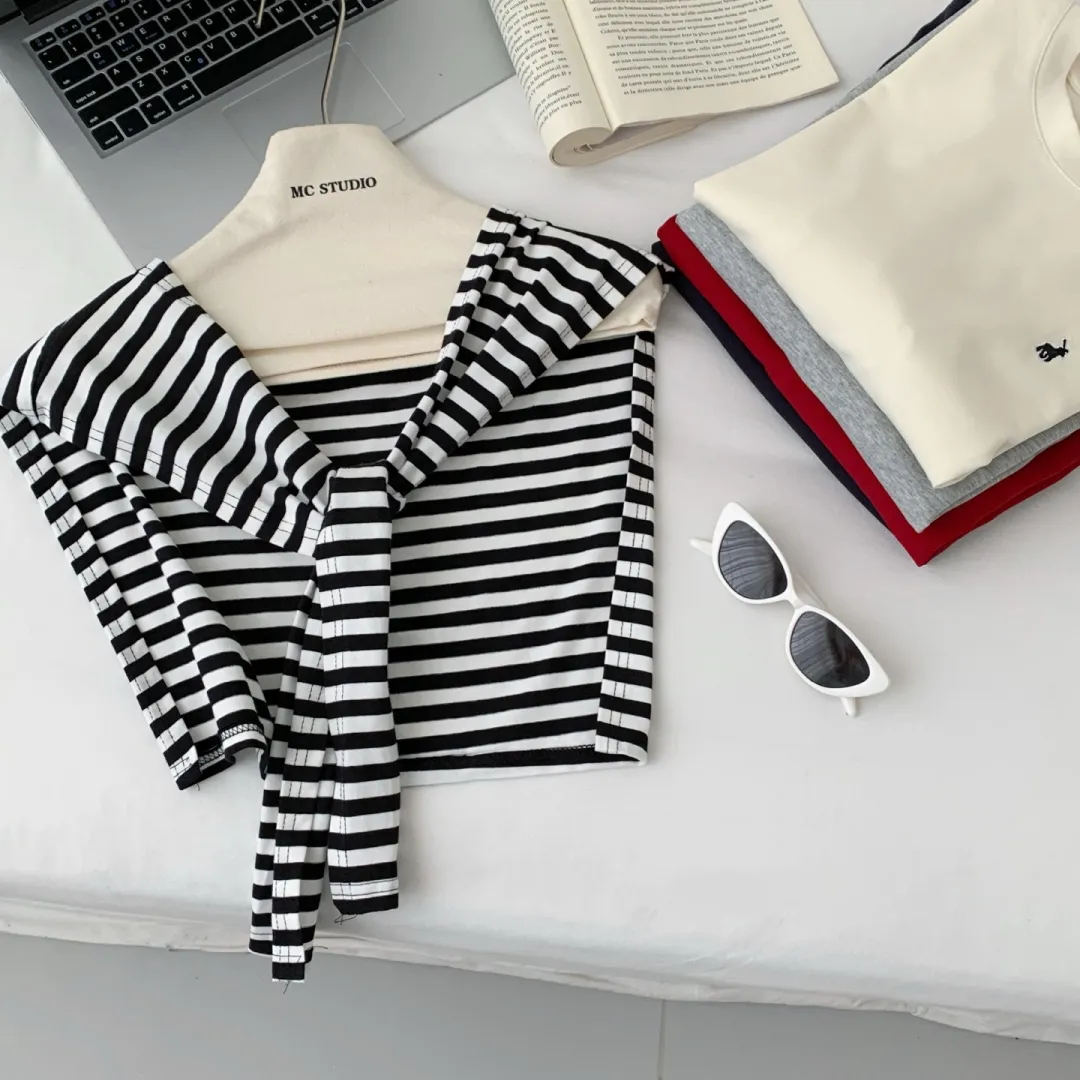 『M-L』韓国風 合わせやすい ゆるっと感 ストール付きストライプTシャツ スカートパンツ 3点セット