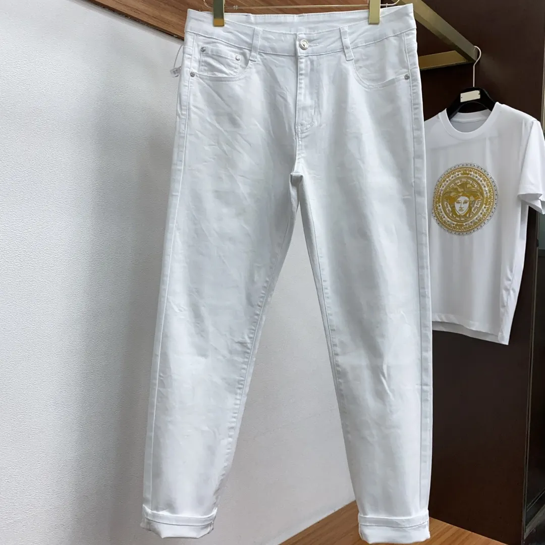 『S-2XL』白色コットンストレッチデニム 生地 古着風ウォッシュ加工 ストレートジーンズ