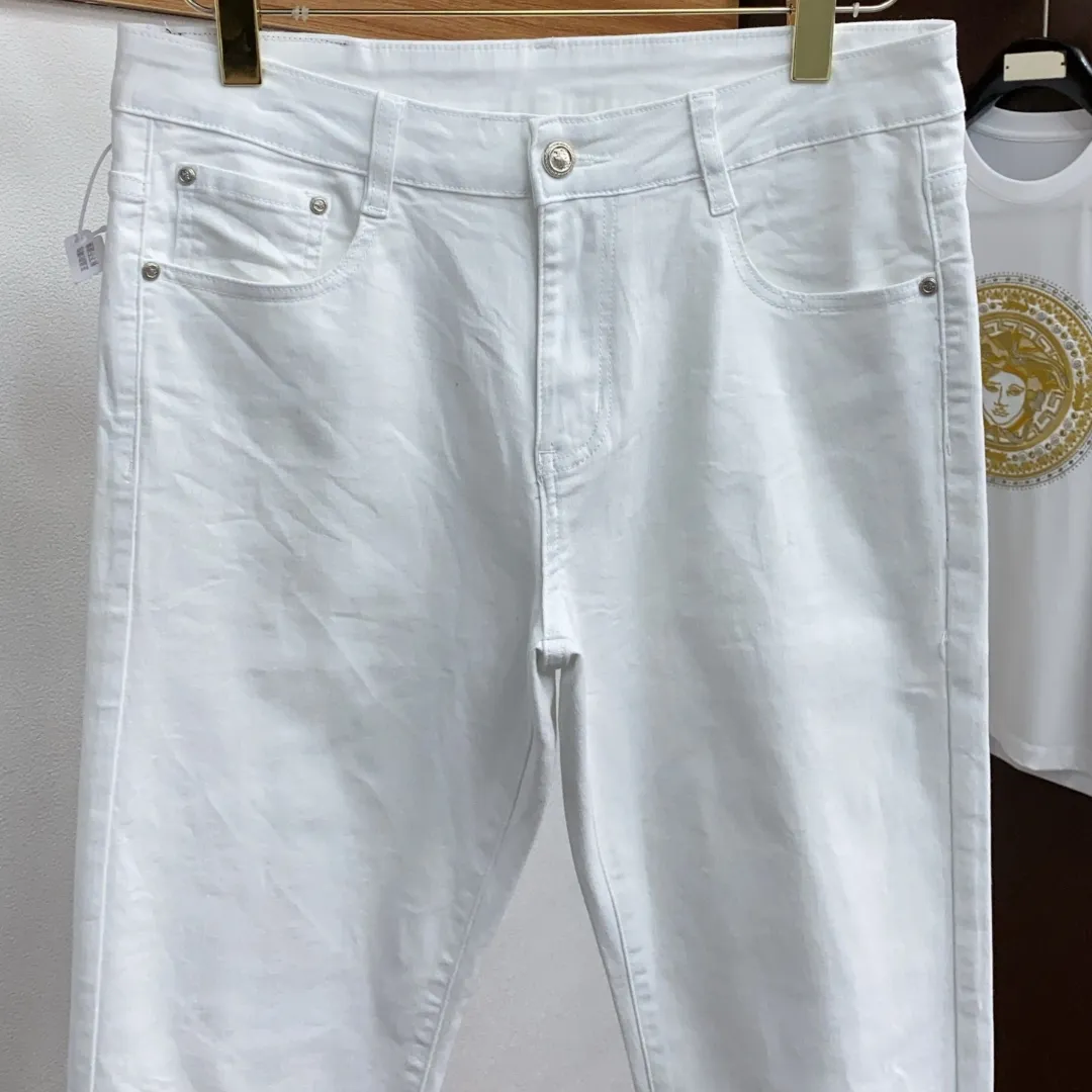 『S-2XL』白色コットンストレッチデニム 生地 古着風ウォッシュ加工 ストレートジーンズ