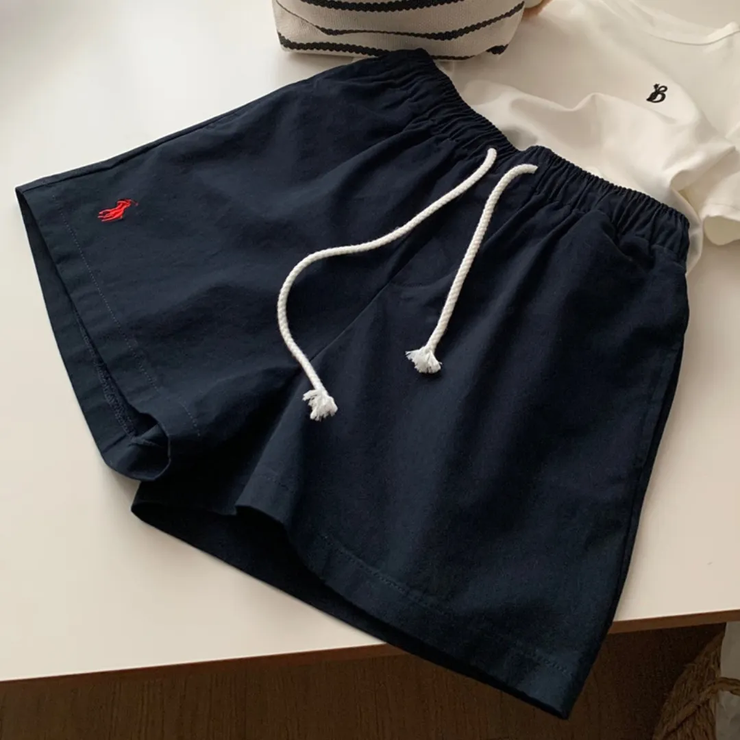 『M-4XL』刺繍 ハイウエスト ドローストリング スポーツ カジュアル ショーツ レディース ゆったり ホットパンツ