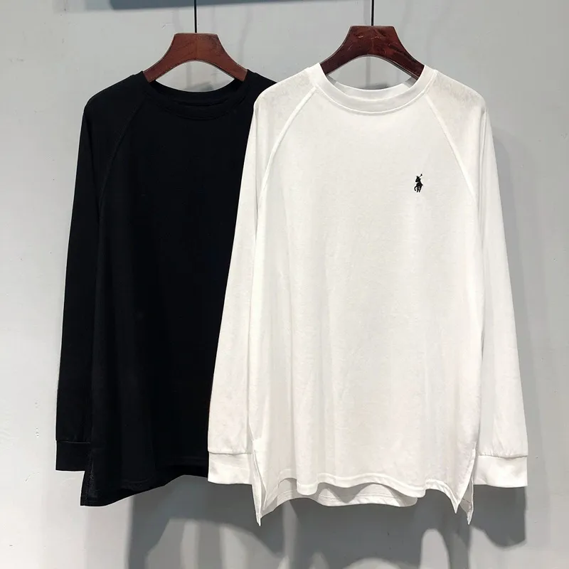 『M-4XL』刺繍 両サイドスリット 長袖Tシャツ 春秋 レディース くつろぎ ゆったり 綿100% トップス