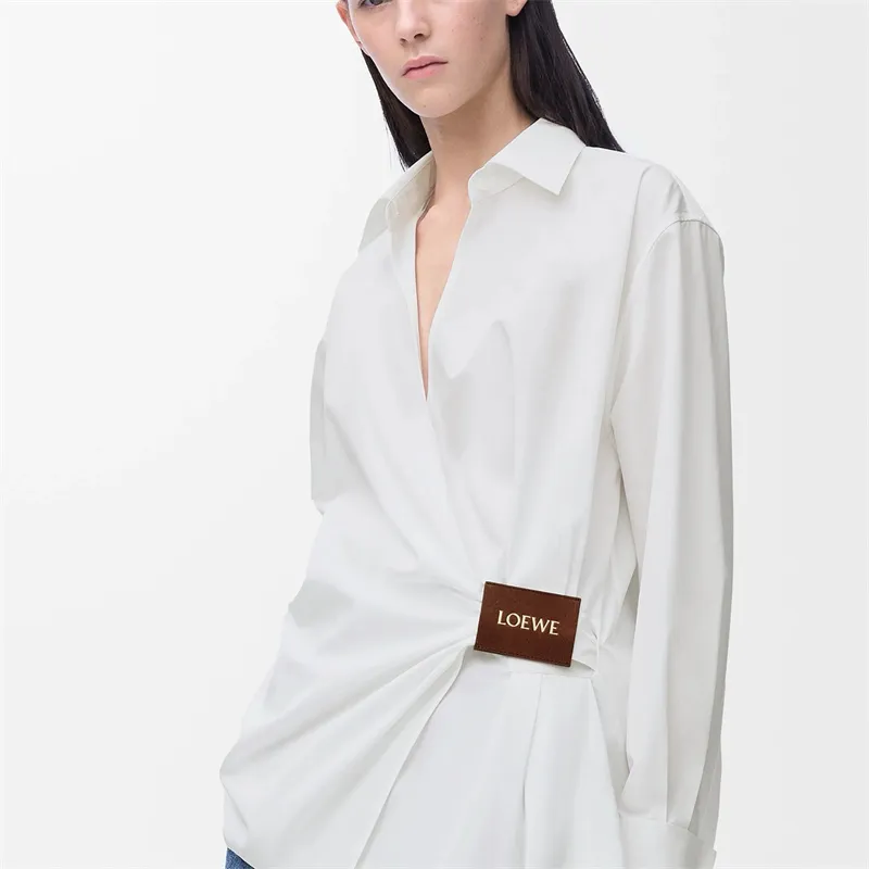 『S-L』ラペル アシンメトリーシャツカット 綿素材 ユニークレザーパッチ シャツ