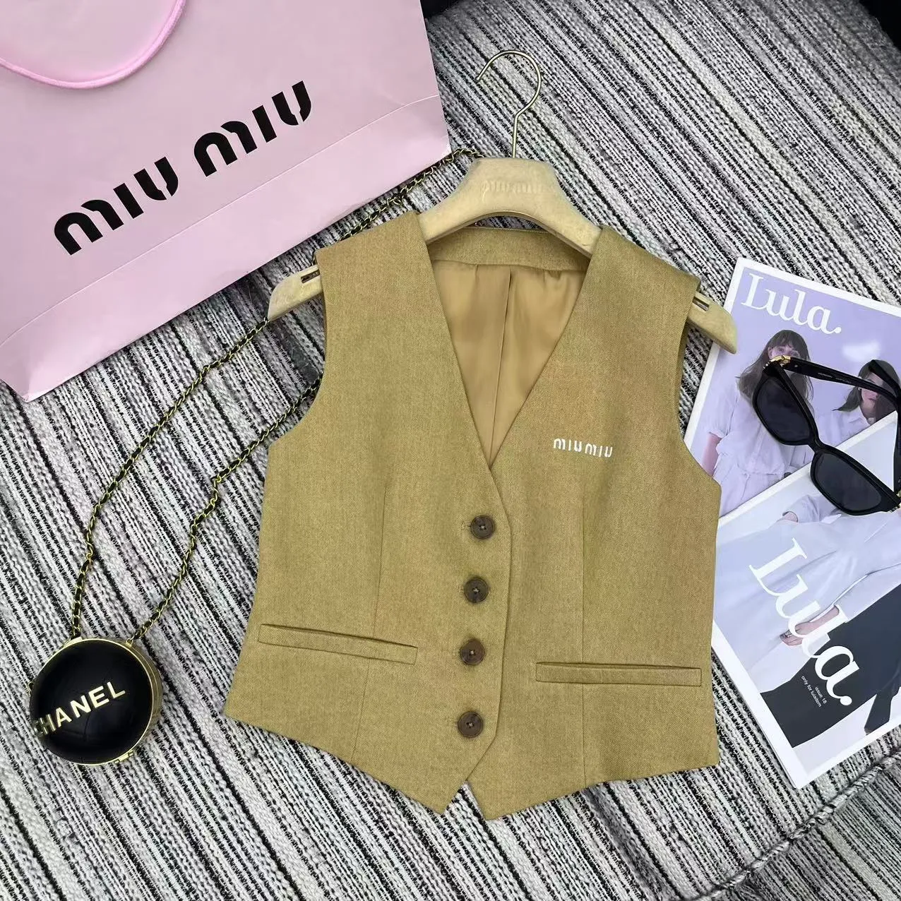 『S-L』春夏コレクション 新作 刺繍レタリング デニムベスト ゴムウエスト ショートスカート