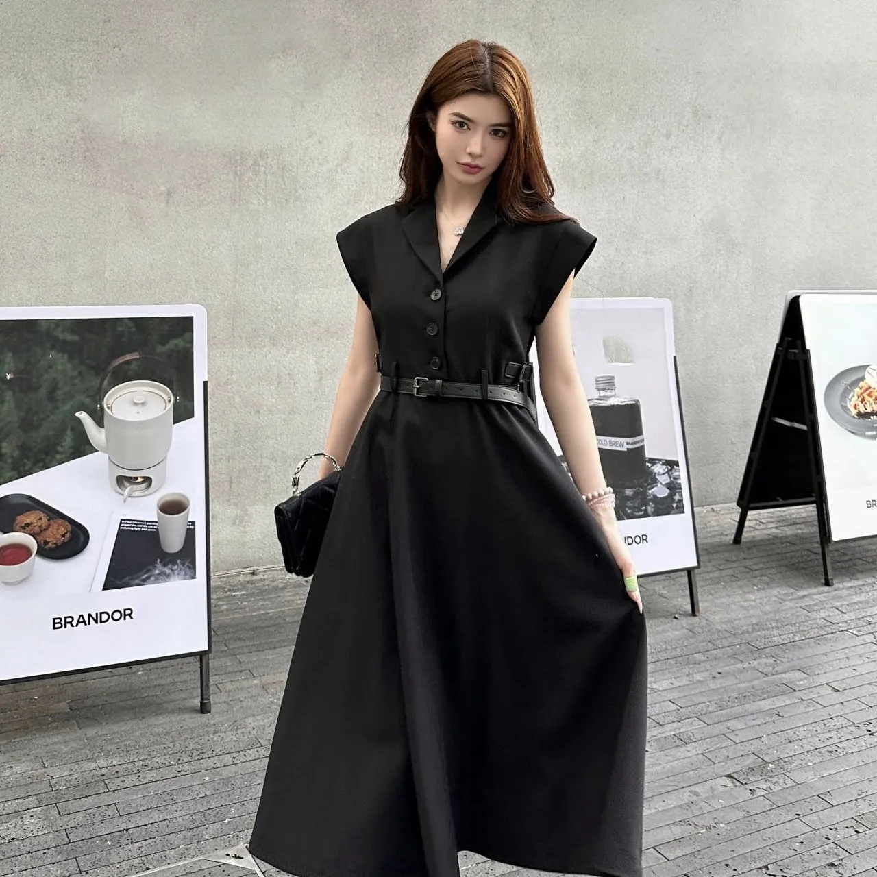 『S-L』新作 高級品質 ベルトバックルデコ ベルト付き フリルスリーブ ワンピース