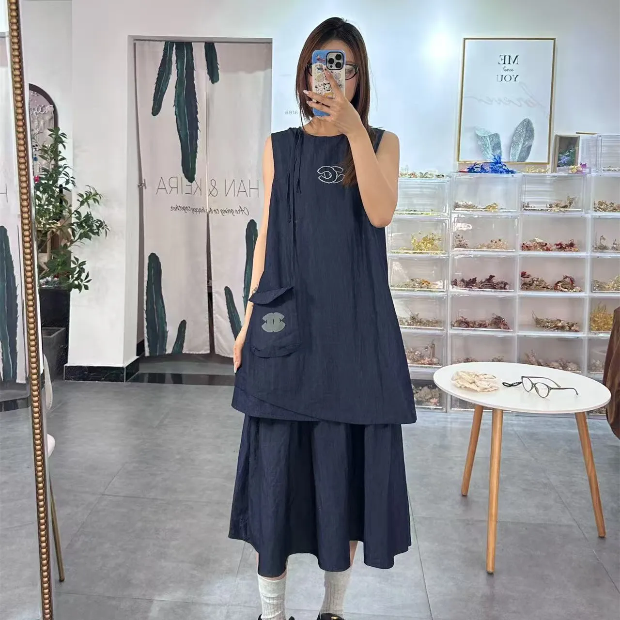 『S-L』バッグ付き 新作 通気性良好 スムーズ触感 ヴィンテージ風 ノースリーブ デニム ワンピース