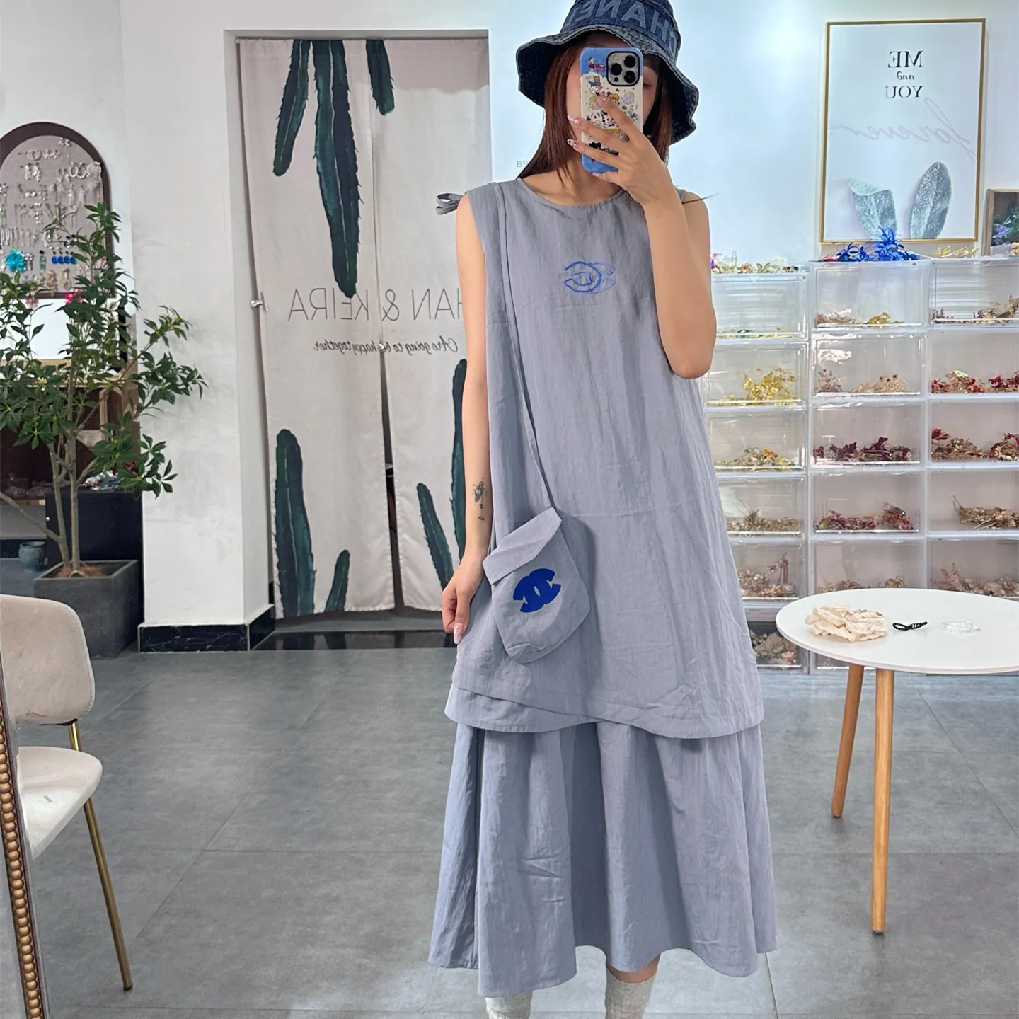 『S-L』バッグ付き 新作 通気性良好 スムーズ触感 ヴィンテージ風 ノースリーブ デニム ワンピース