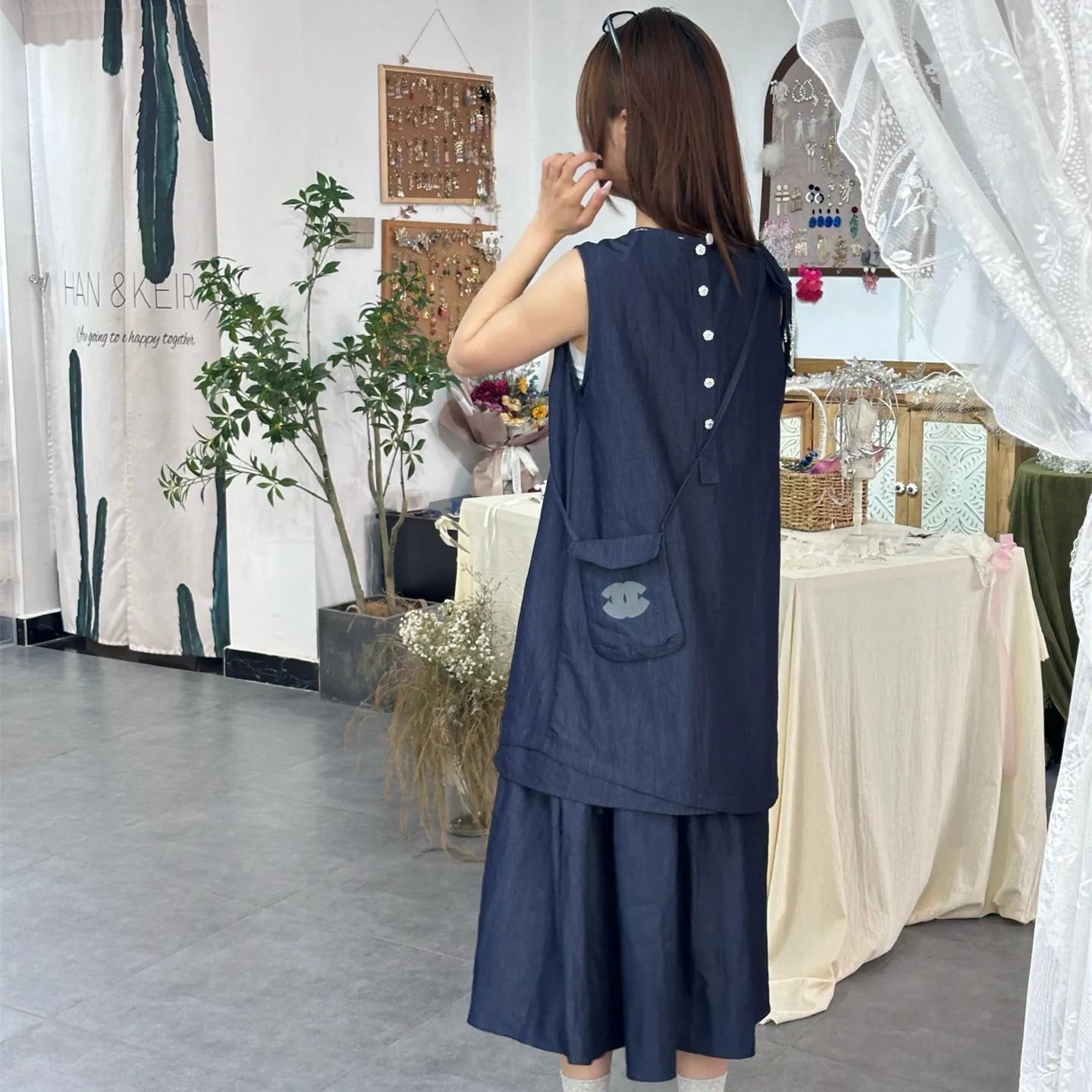 『S-L』バッグ付き 新作 通気性良好 スムーズ触感 ヴィンテージ風 ノースリーブ デニム ワンピース