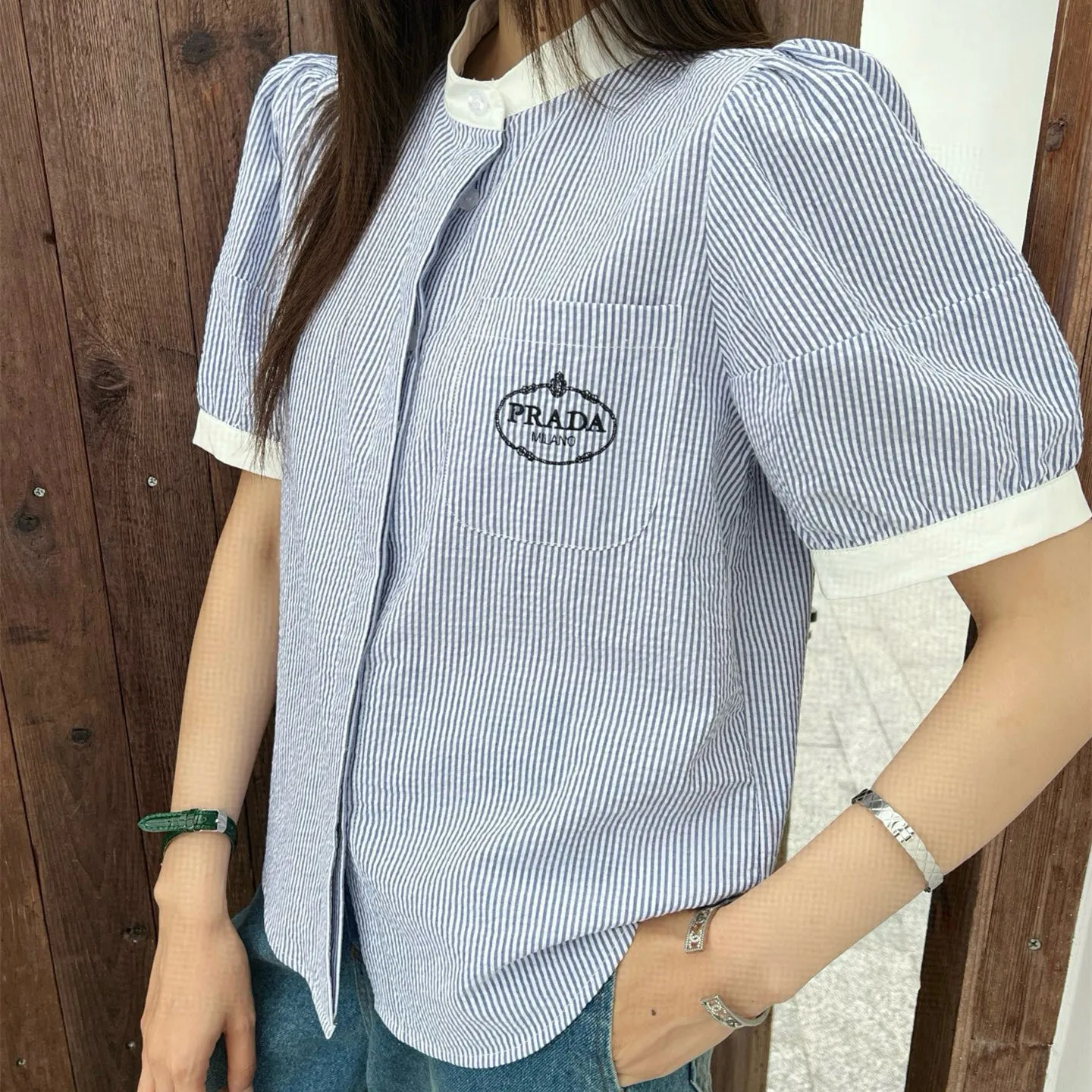 『S-L』春夏 最新作 レタリング カジュアル ルーズ 刺繍デコ ショート丈デザイン シャツ