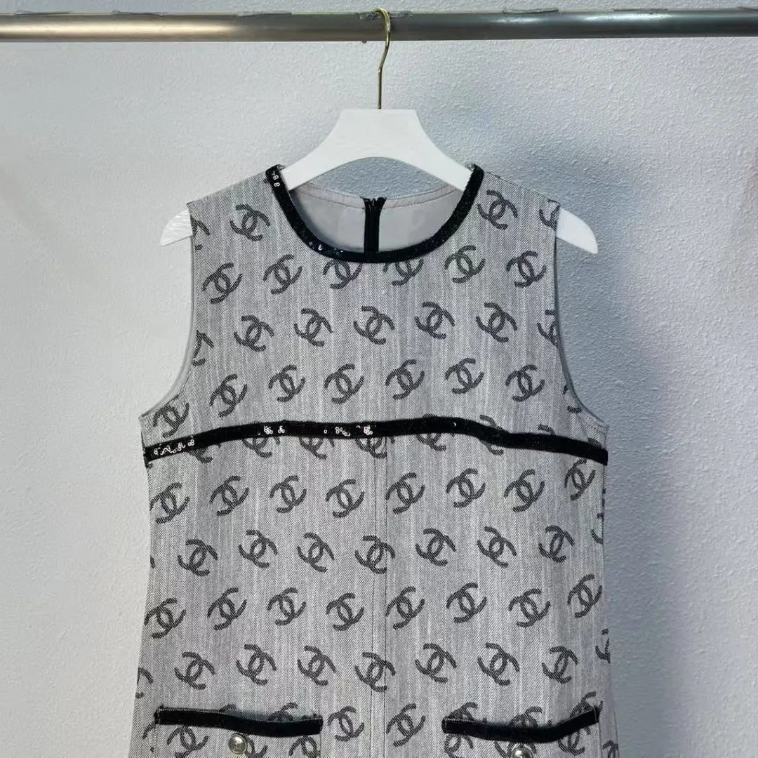 『S-L』フルプリント デニムジャカード ツイルテクスチャ 立体精巧 快適 ベスト ワンピース