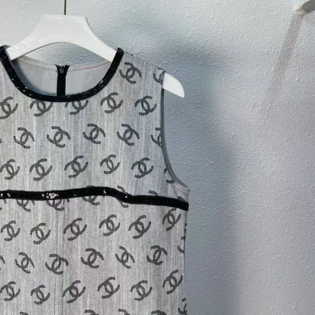 『S-L』フルプリント デニムジャカード ツイルテクスチャ 立体精巧 快適 ベスト ワンピース