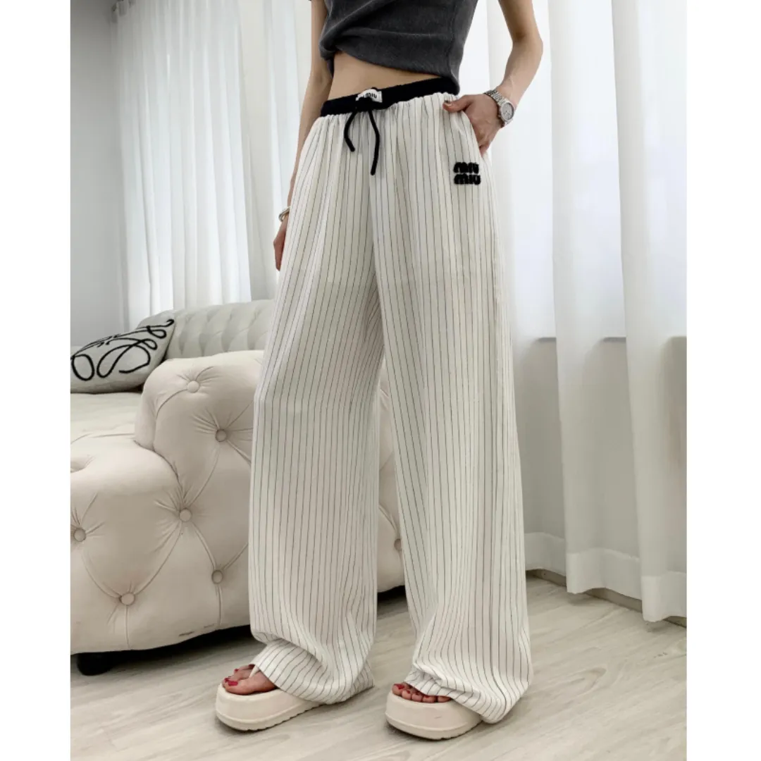 『S-L』カラーブロック 高級感 ドローコードワイド編み 快適 軽量 涼感 リネン カジュアルパンツ