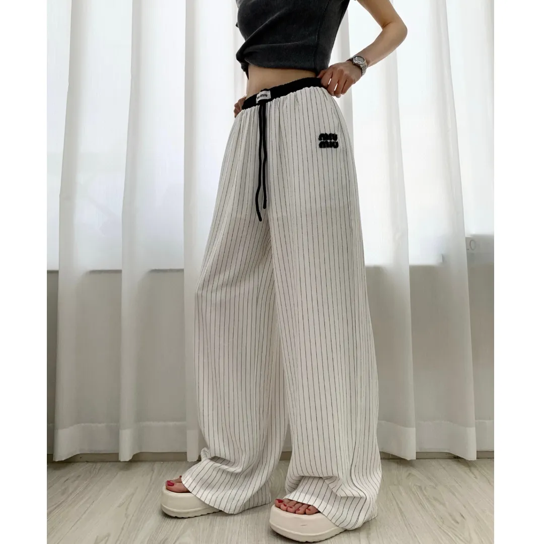 『S-L』カラーブロック 高級感 ドローコードワイド編み 快適 軽量 涼感 リネン カジュアルパンツ