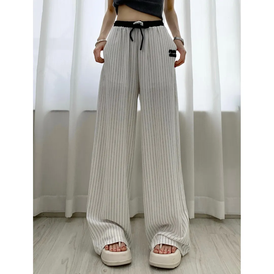 『S-L』カラーブロック 高級感 ドローコードワイド編み 快適 軽量 涼感 リネン カジュアルパンツ