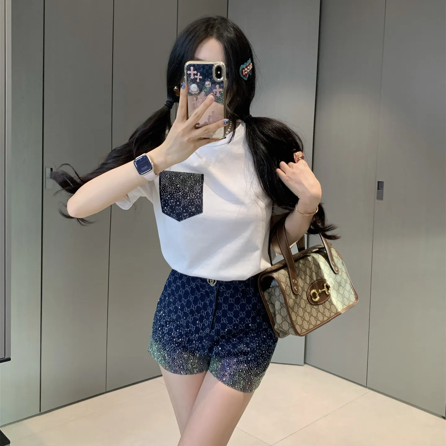 『S-L』高級質感 おしゃれ グラデ光沢 ポケット ジャカード Tシャツ ホットストーン ショーツ セットアップ