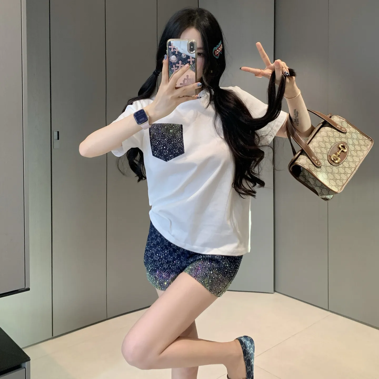 『S-L』高級質感 おしゃれ グラデ光沢 ポケット ジャカード Tシャツ ホットストーン ショーツ セットアップ