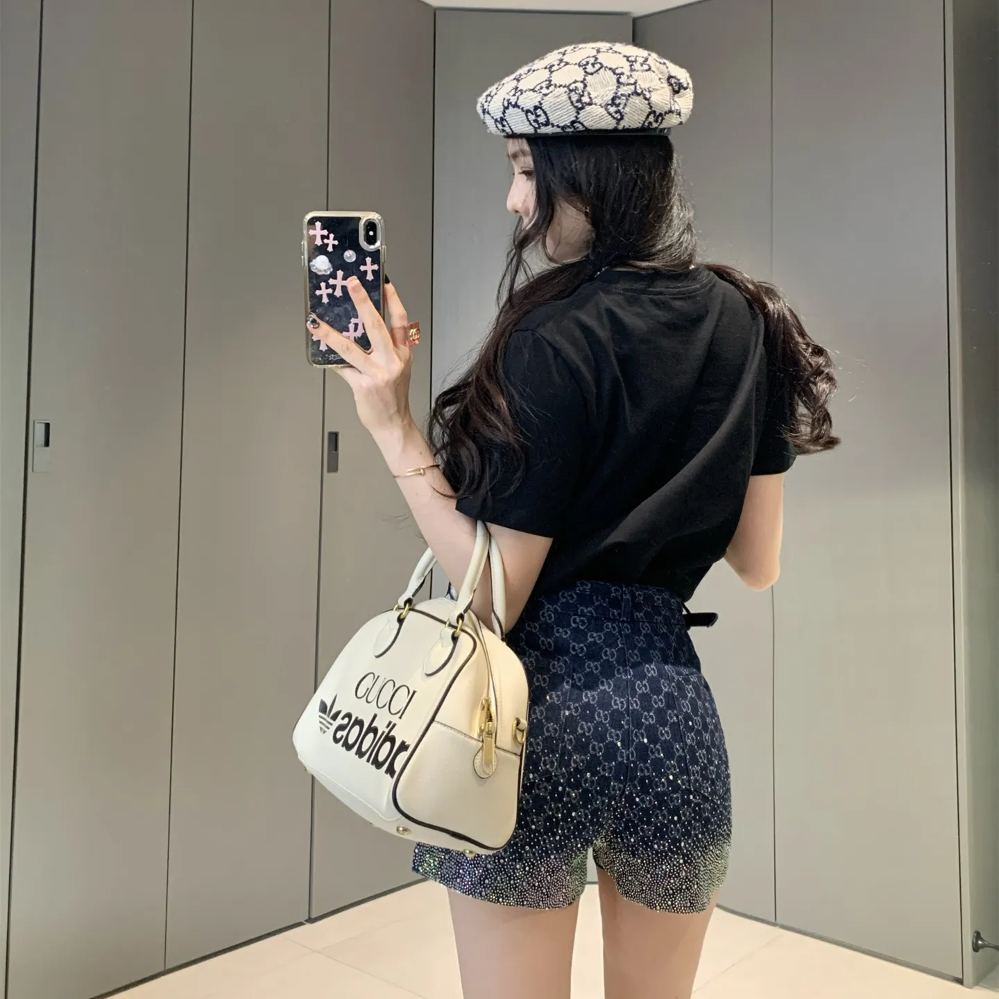 『S-L』高級質感 おしゃれ グラデ光沢 ポケット ジャカード Tシャツ ホットストーン ショーツ セットアップ