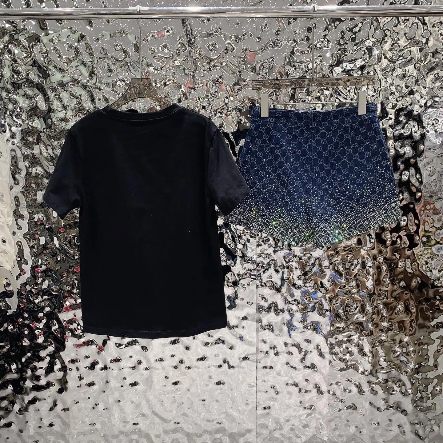 『S-L』高級質感 おしゃれ グラデ光沢 ポケット ジャカード Tシャツ ホットストーン ショーツ セットアップ