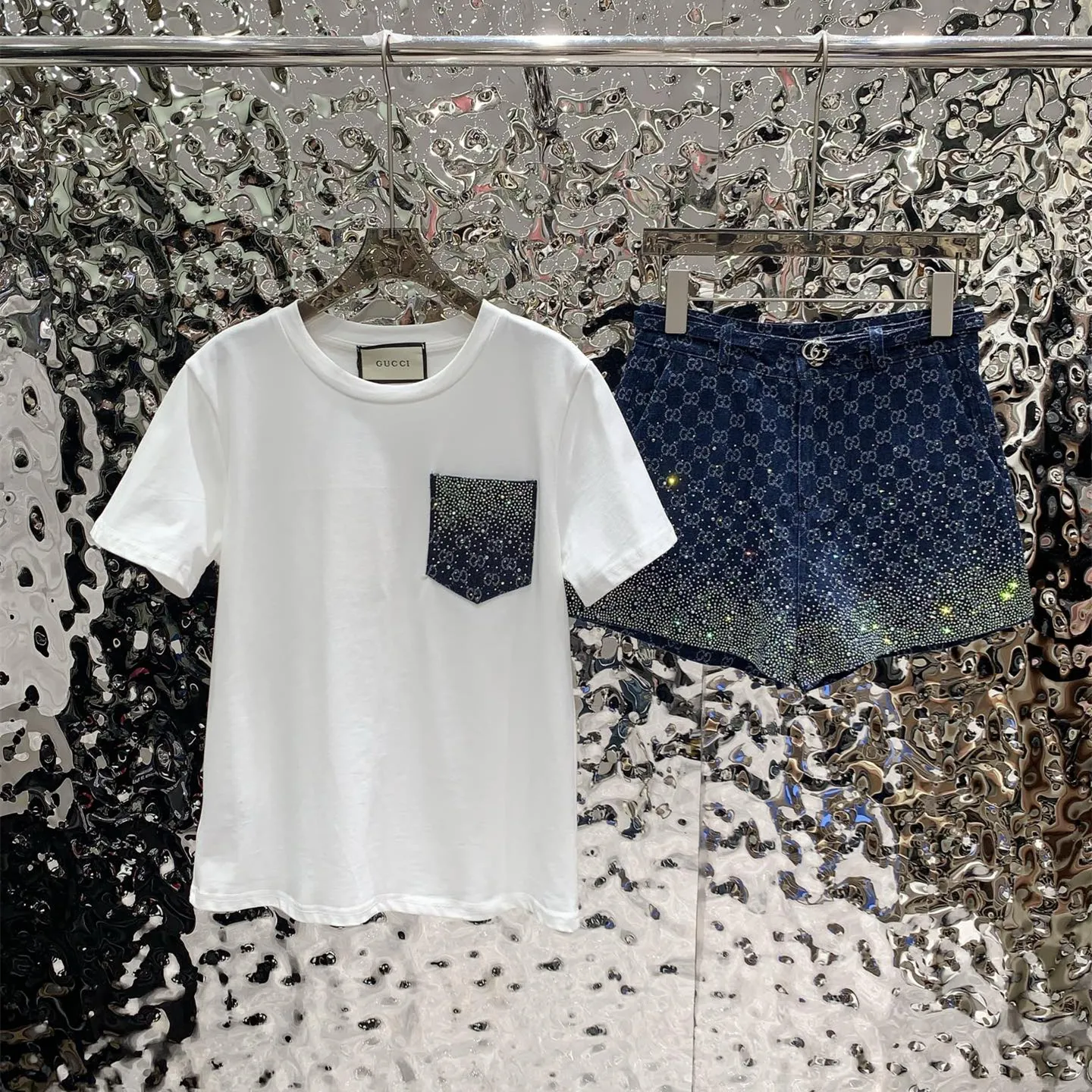 『S-L』高級質感 おしゃれ グラデ光沢 ポケット ジャカード Tシャツ ホットストーン ショーツ セットアップ