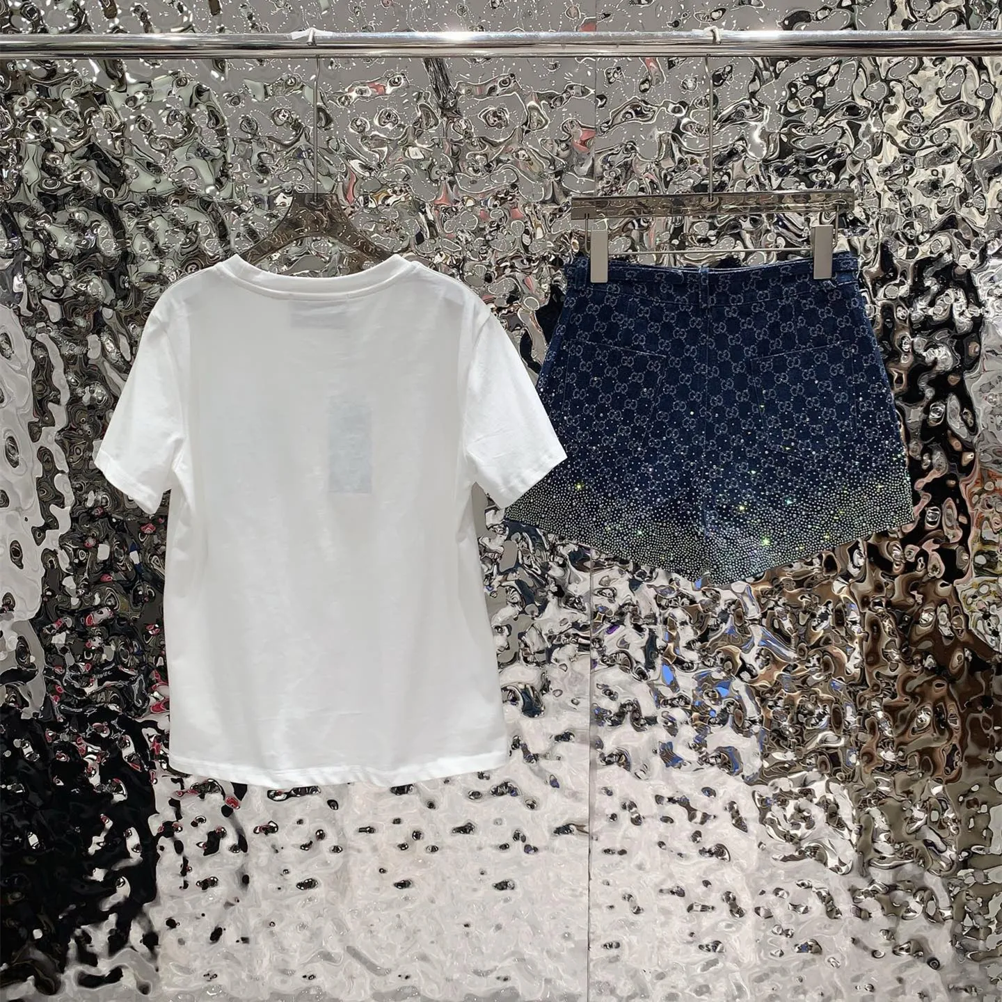 『S-L』高級質感 おしゃれ グラデ光沢 ポケット ジャカード Tシャツ ホットストーン ショーツ セットアップ