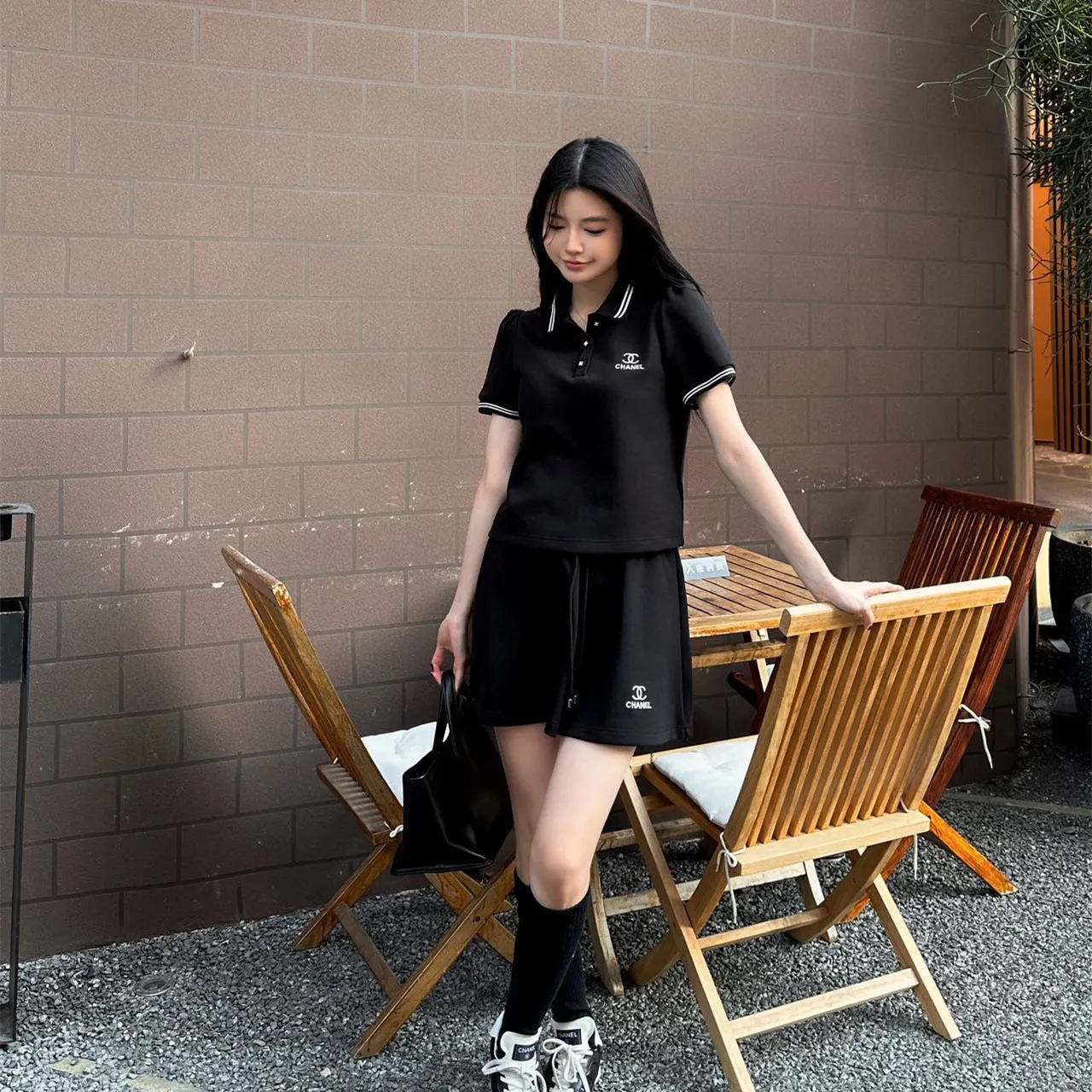 『S-L』スリム ロゴ刺繍デコ カラーブロック パッチワーク タータンカラー 半袖 ポロシャツ スカート セットアップ