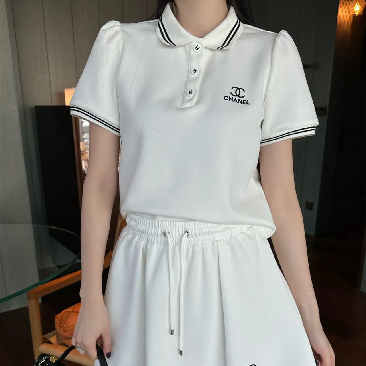 『S-L』スリム ロゴ刺繍デコ カラーブロック パッチワーク タータンカラー 半袖 ポロシャツ スカート セットアップ