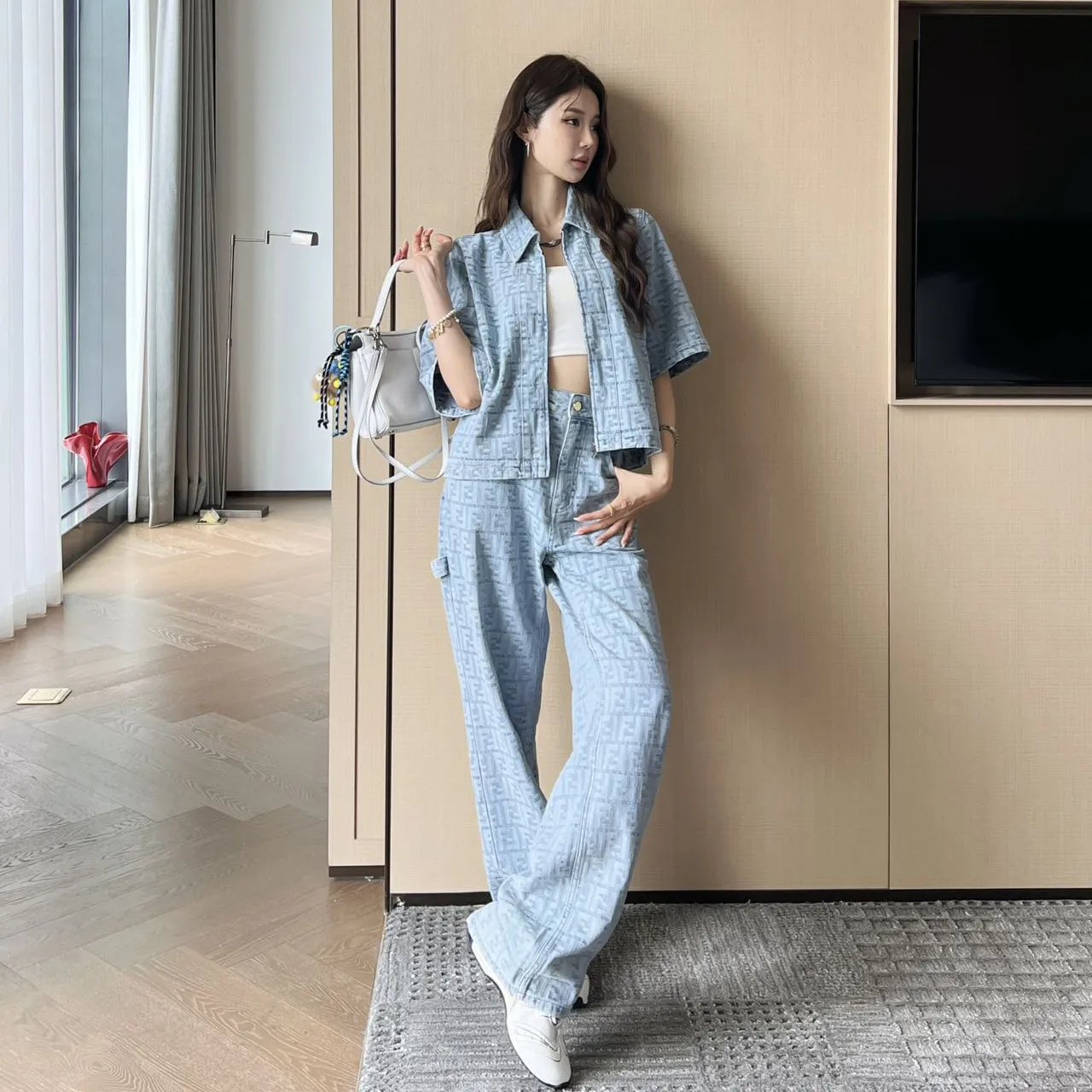『S-L』限定 デニムシリーズ 高級質感 おしゃれコーデ 半袖トップ ジャカードストレートパンツ
