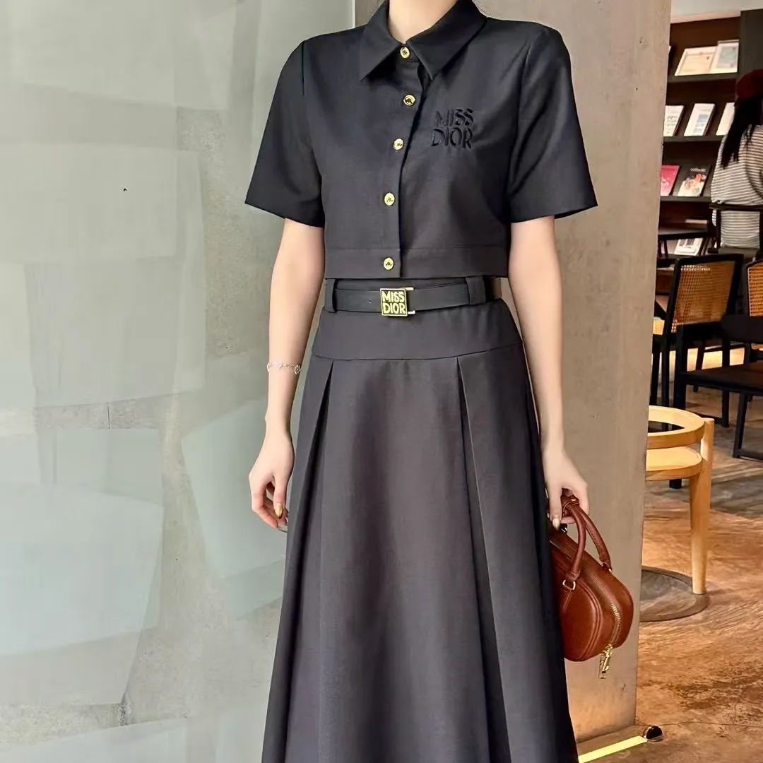 『S-L』新作 シンプル 上品 クール レタリング刺繍デコ タータンカラートップ スカートセット