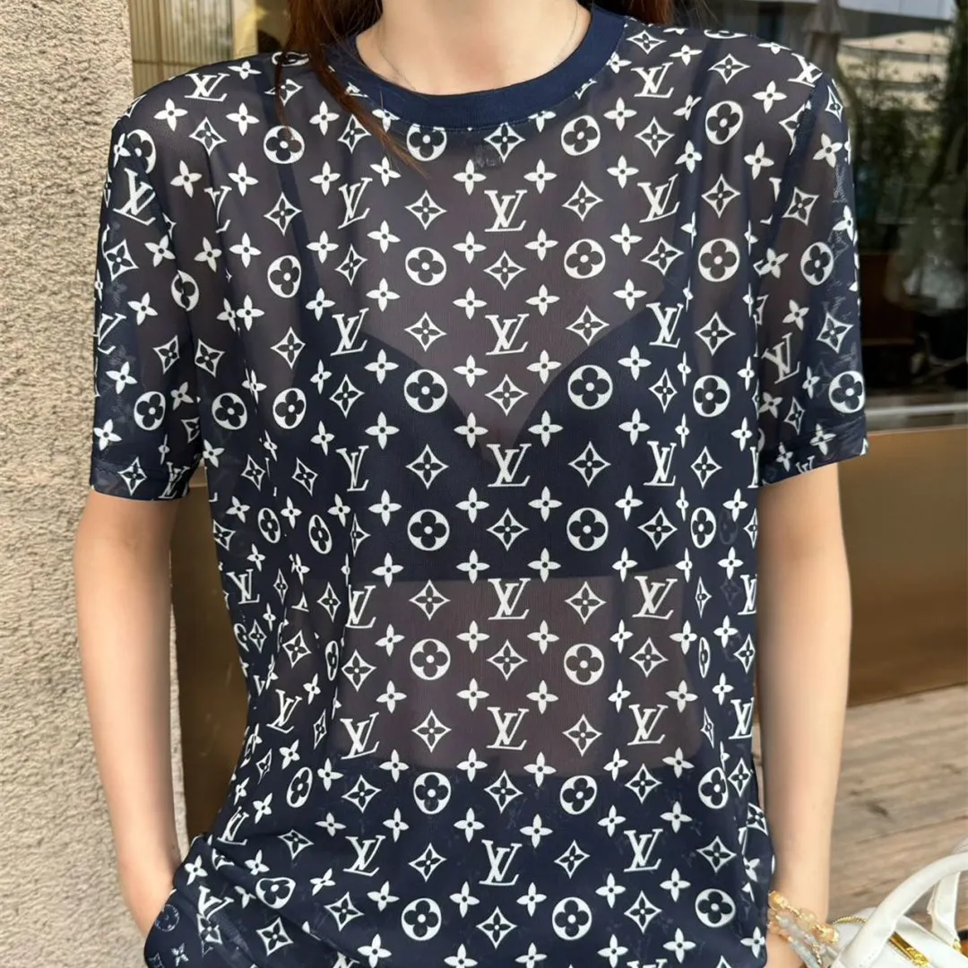 『S-L』シースルー 高級感 柔らかい ストレッチ 快適 プレミアム 上品 浸透プリント メッシュ トップス半袖