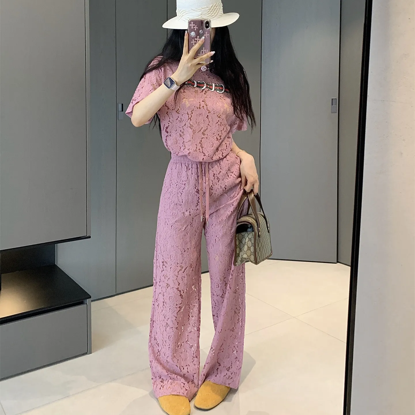 『S-L』新作 高級コーデ 軽量 柔らか 上品 カットアウト レタリング 半袖 ロングパンツ セットアップ