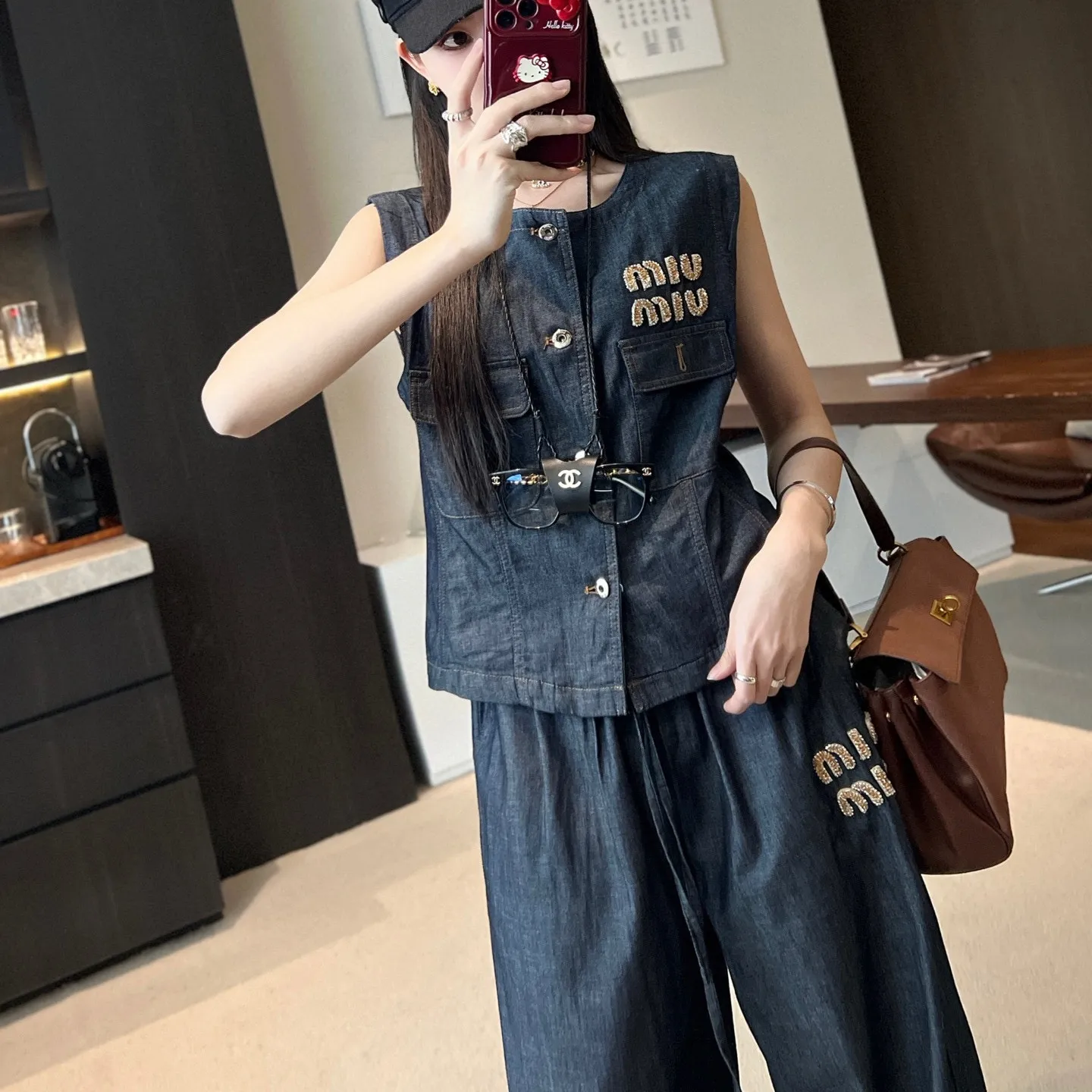 『S-L』爆売れ 完全手作り ビーズレターデコ デニム デニムベスト ストレートパンツ セットアップ