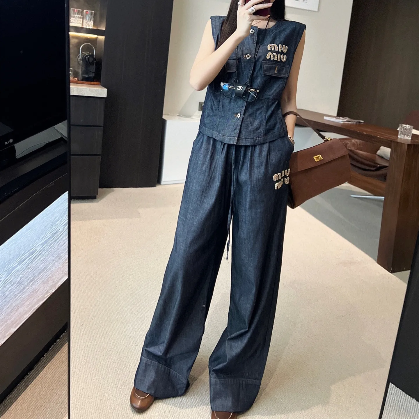 『S-L』爆売れ 完全手作り ビーズレターデコ デニム デニムベスト ストレートパンツ セットアップ