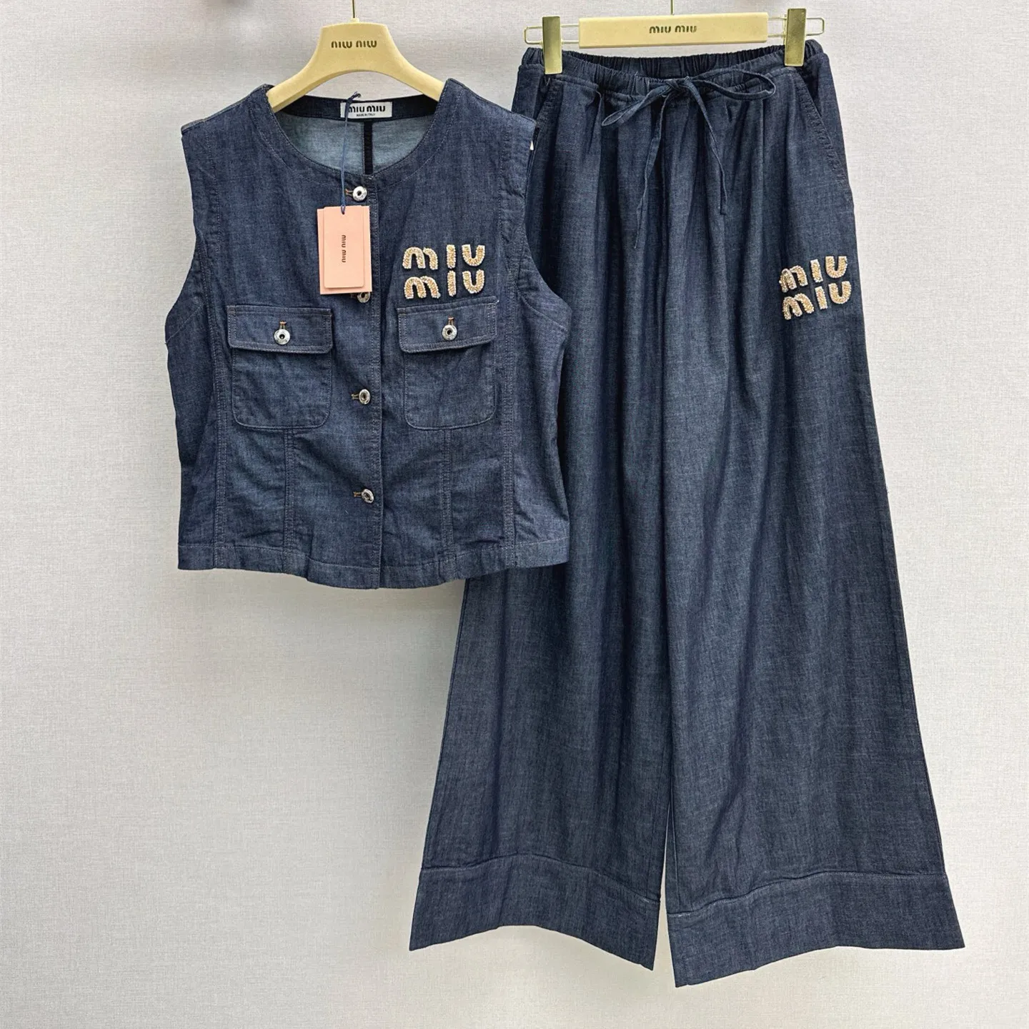 『S-L』爆売れ 完全手作り ビーズレターデコ デニム デニムベスト ストレートパンツ セットアップ
