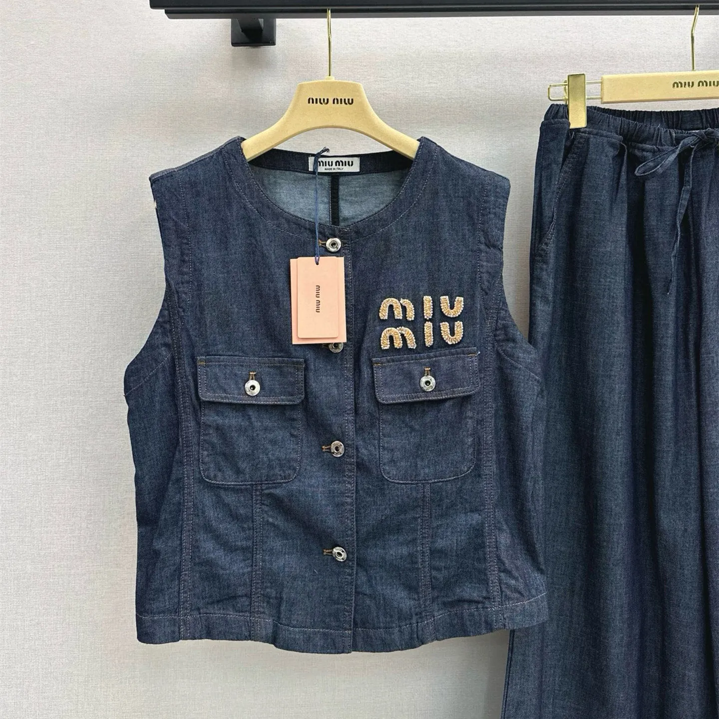 『S-L』爆売れ 完全手作り ビーズレターデコ デニム デニムベスト ストレートパンツ セットアップ