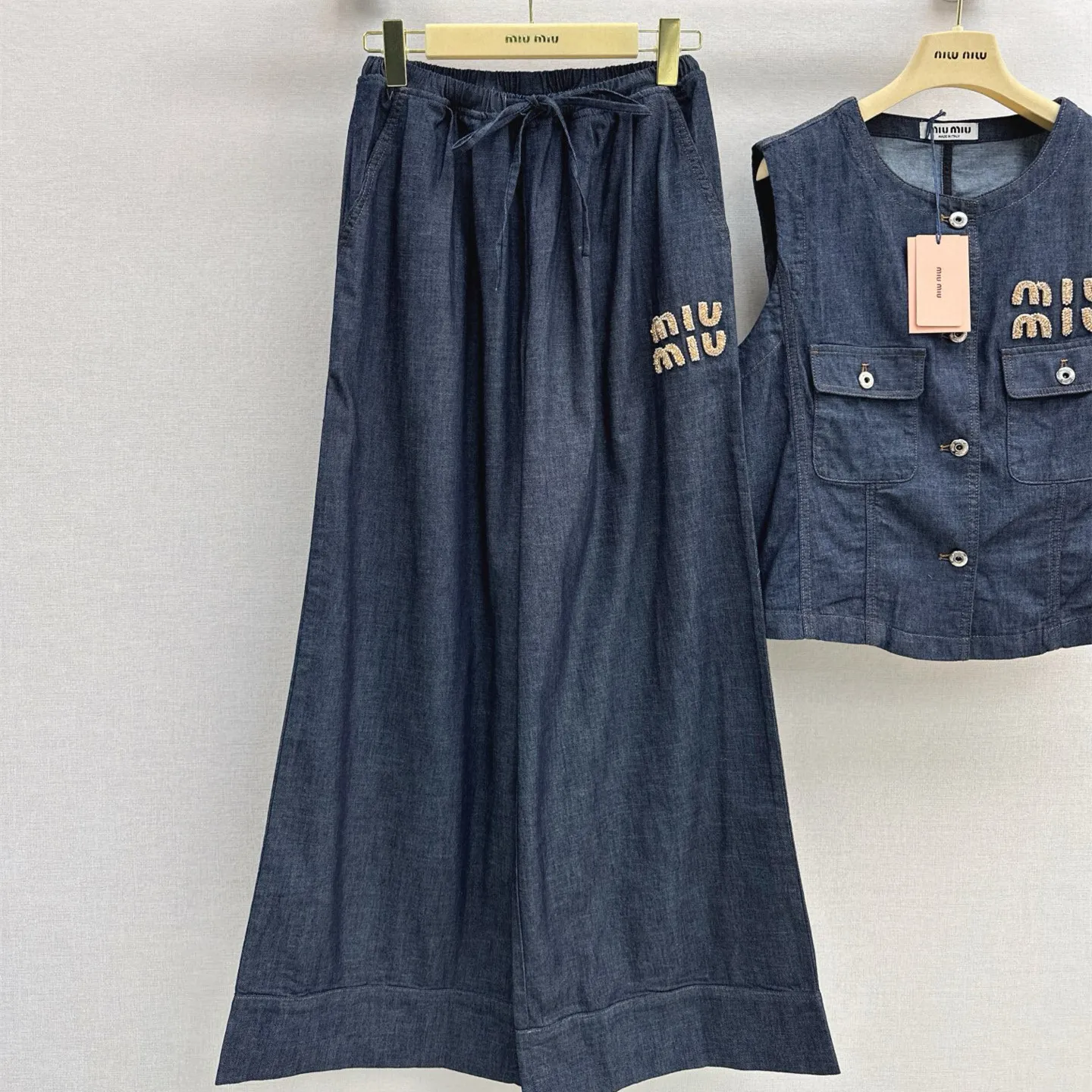 『S-L』爆売れ 完全手作り ビーズレターデコ デニム デニムベスト ストレートパンツ セットアップ