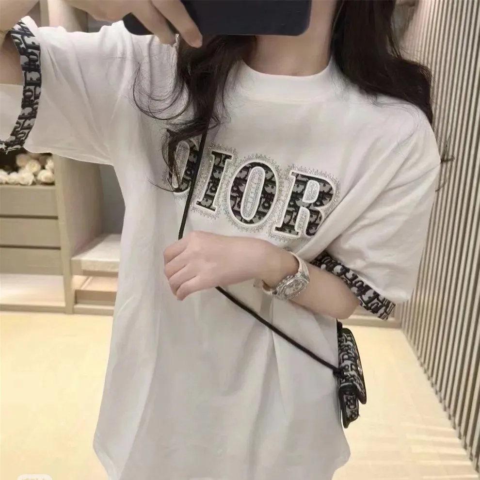 『S-L』新作 胸元ホットストーン レターデコ カジュアル スリム プリント 半袖 クルーネック Tシャツ