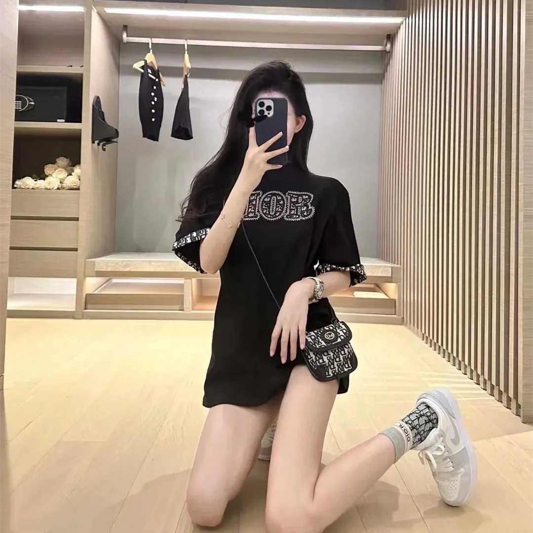 『S-L』新作 胸元ホットストーン レターデコ カジュアル スリム プリント 半袖 クルーネック Tシャツ