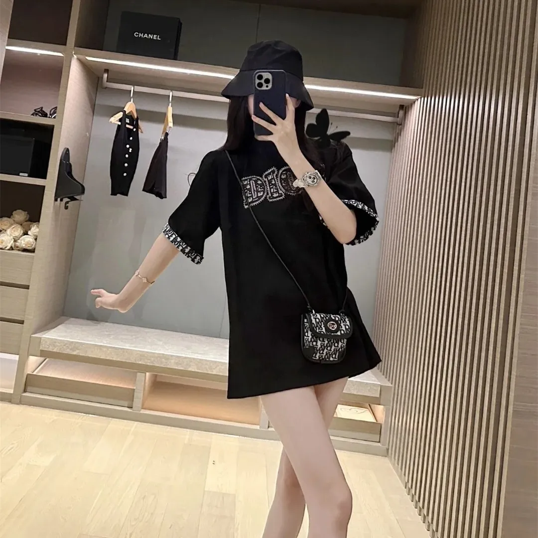 『S-L』新作 胸元ホットストーン レターデコ カジュアル スリム プリント 半袖 クルーネック Tシャツ