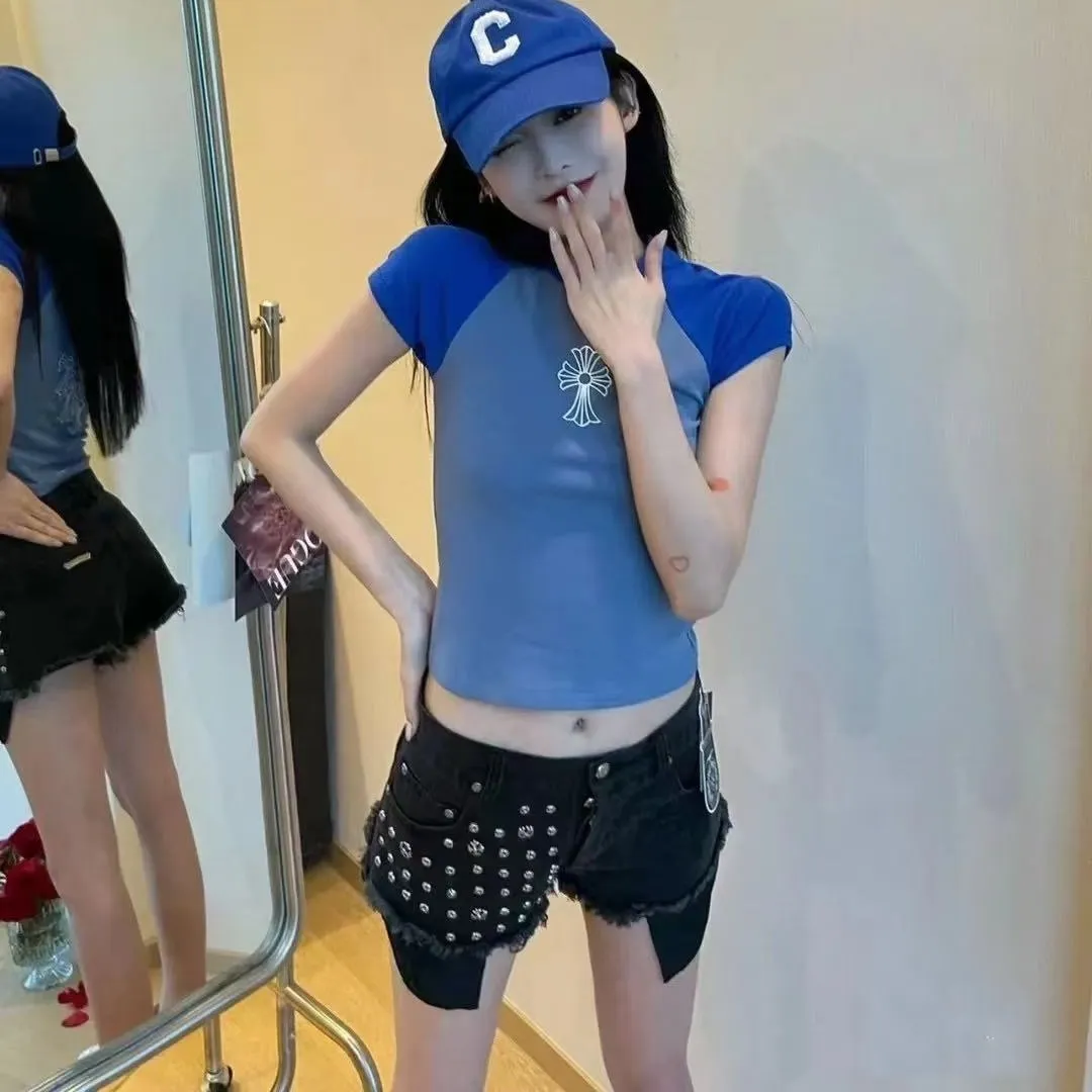 『S-XL』夏 ストレッチ おしゃれ リベット メタルデコ ヘビーワーク デニムショーツ