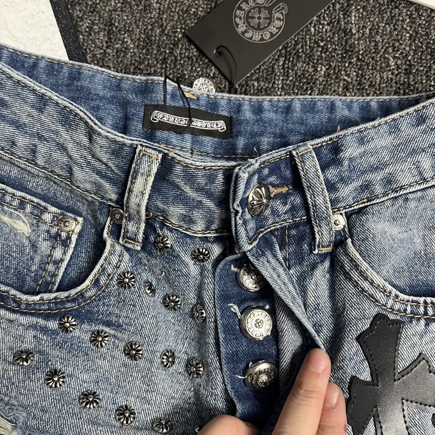 『S-XL』夏 ストレッチ おしゃれ リベット メタルデコ ヘビーワーク デニムショーツ