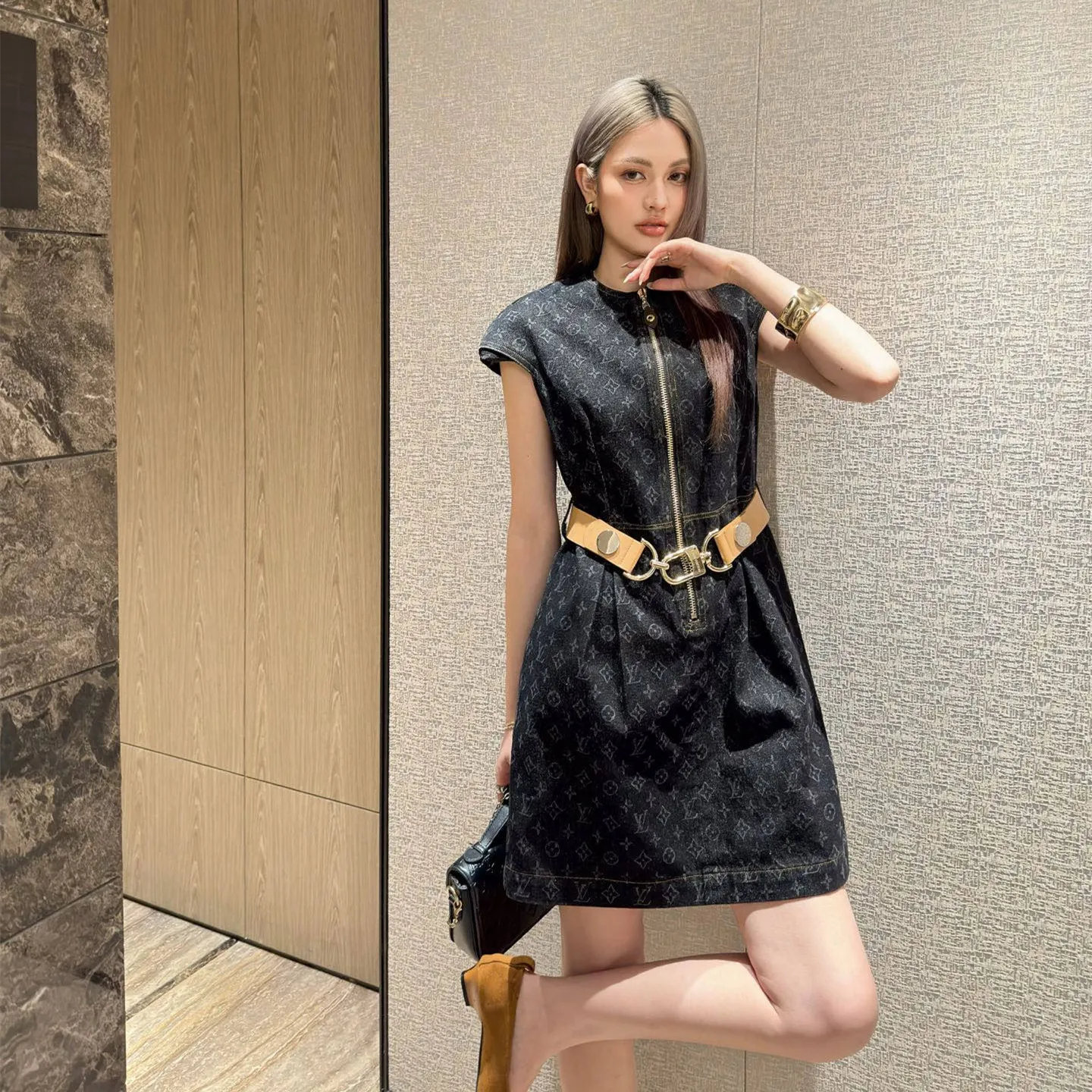 『S-L』高品質 おしゃれ 低調 上品 ラグジュアリー 高級 モノグラム クラシック デニム ワンピース