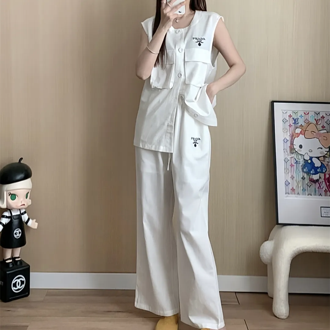 『S-L』通気性 上品 リラックス高級 テンセルリネン 胸元刺繍ロゴデコ ベスト ワイドパンツ セットアップ