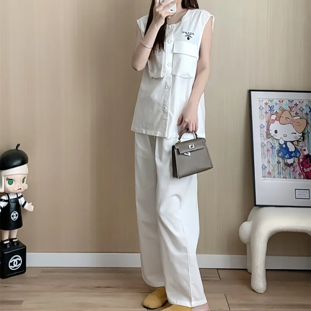 『S-L』通気性 上品 リラックス高級 テンセルリネン 胸元刺繍ロゴデコ ベスト ワイドパンツ セットアップ