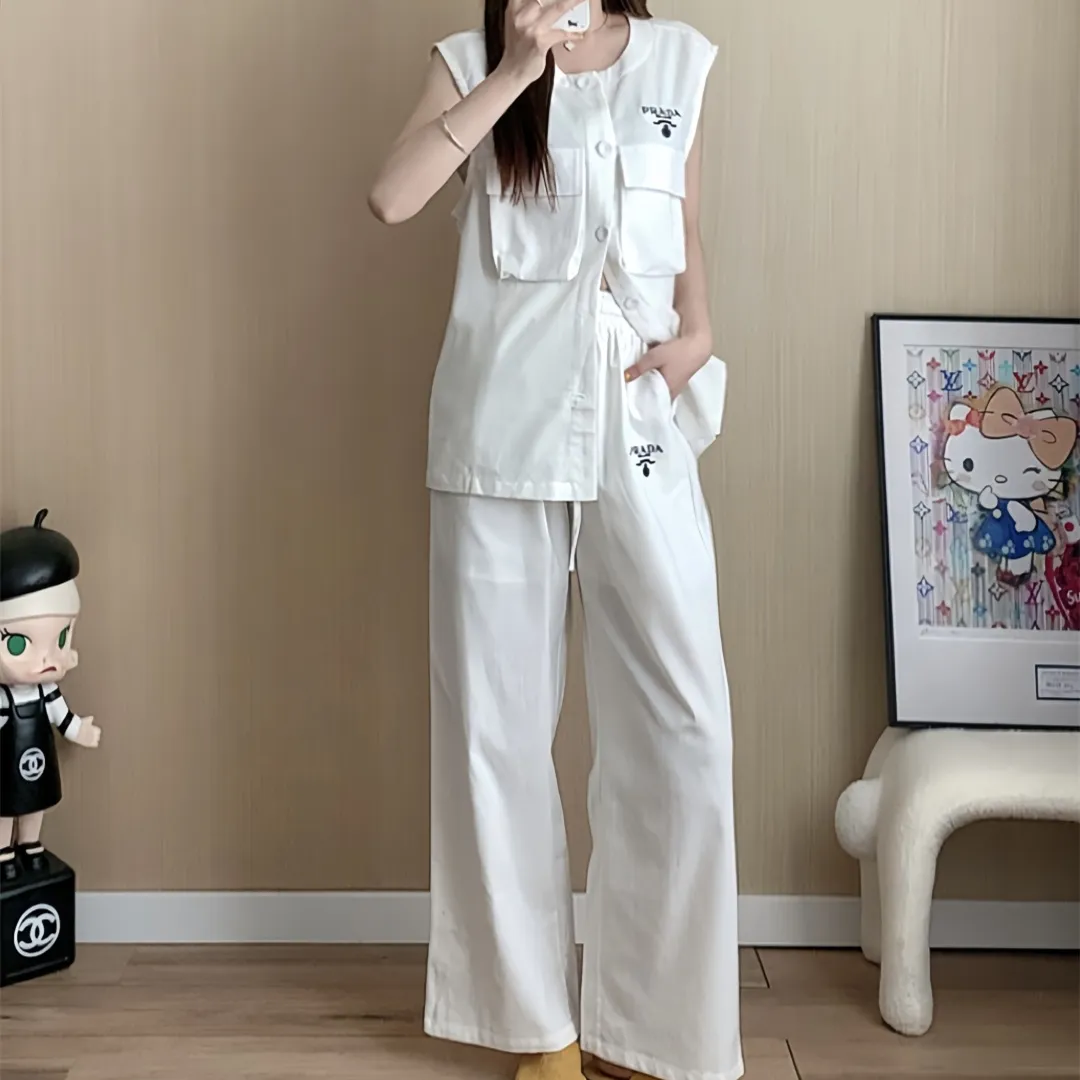 『S-L』通気性 上品 リラックス高級 テンセルリネン 胸元刺繍ロゴデコ ベスト ワイドパンツ セットアップ