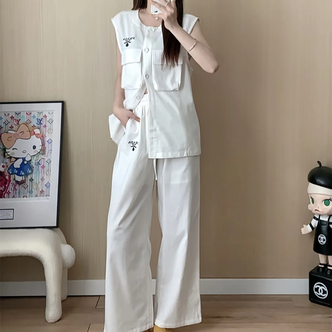 『S-L』通気性 上品 リラックス高級 テンセルリネン 胸元刺繍ロゴデコ ベスト ワイドパンツ セットアップ