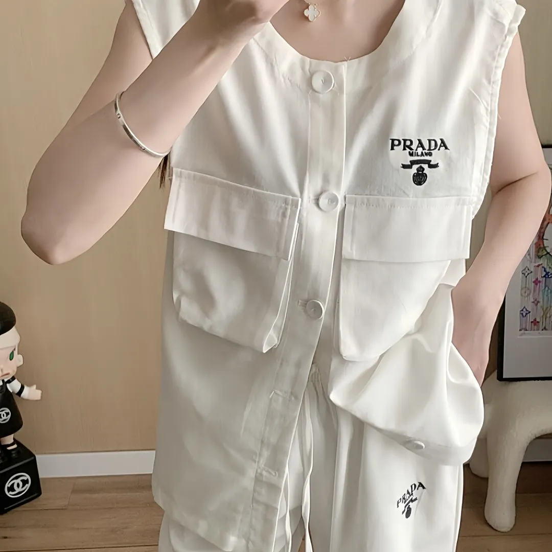 『S-L』通気性 上品 リラックス高級 テンセルリネン 胸元刺繍ロゴデコ ベスト ワイドパンツ セットアップ